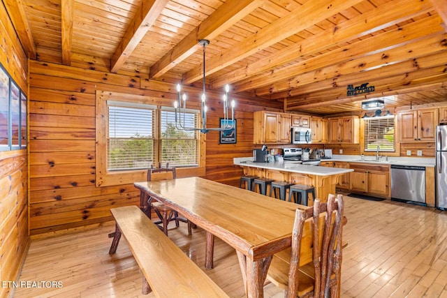 dining room with wooden ceiling, wood walls, light wood-style flooring, and beam ceiling