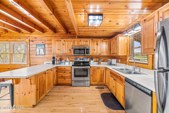 kitchen with wooden ceiling, appliances with stainless steel finishes, a peninsula, light countertops, and a sink