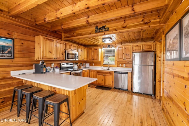 kitchen with stainless steel appliances, wood walls, a sink, wooden ceiling, and a peninsula