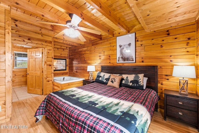 bedroom featuring wooden ceiling, light wood-style flooring, beamed ceiling, and wood walls