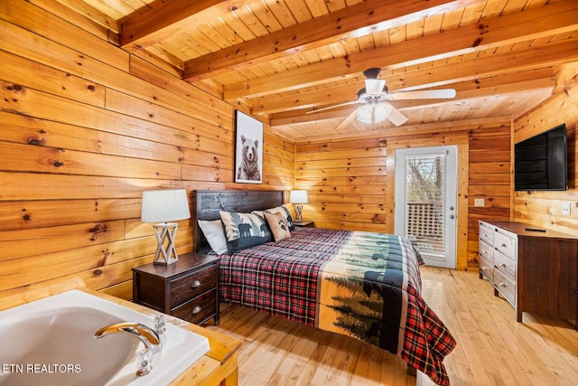 bedroom featuring wood ceiling, wood-type flooring, beamed ceiling, and wooden walls