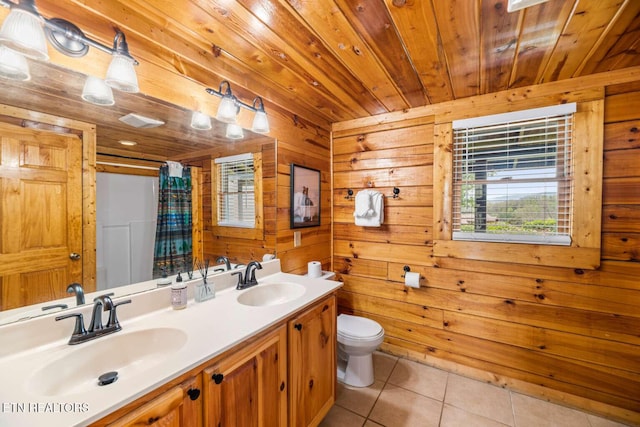 bathroom featuring toilet, a sink, wood ceiling, and tile patterned floors