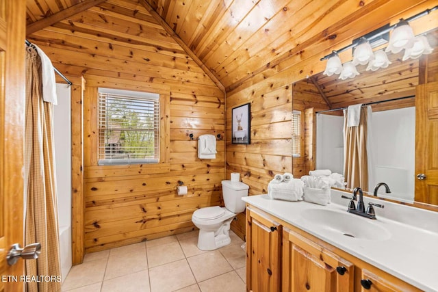 bathroom featuring lofted ceiling, toilet, vanity, wood ceiling, and tile patterned floors