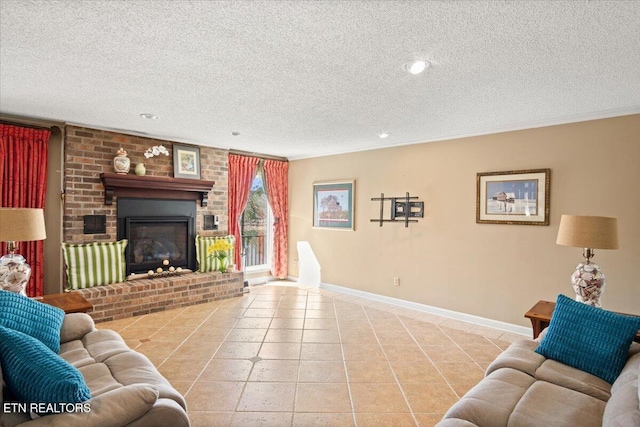 living area with a textured ceiling, light tile patterned flooring, recessed lighting, a fireplace, and baseboards