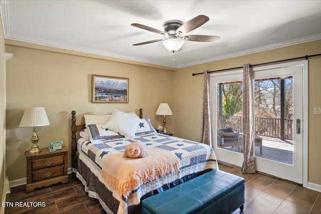 bedroom featuring baseboards, ceiling fan, ornamental molding, and access to exterior