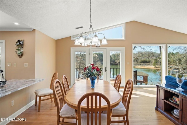 dining room with lofted ceiling, light wood finished floors, a wealth of natural light, and visible vents