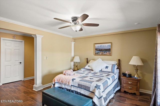 bedroom featuring ornamental molding, decorative columns, and baseboards