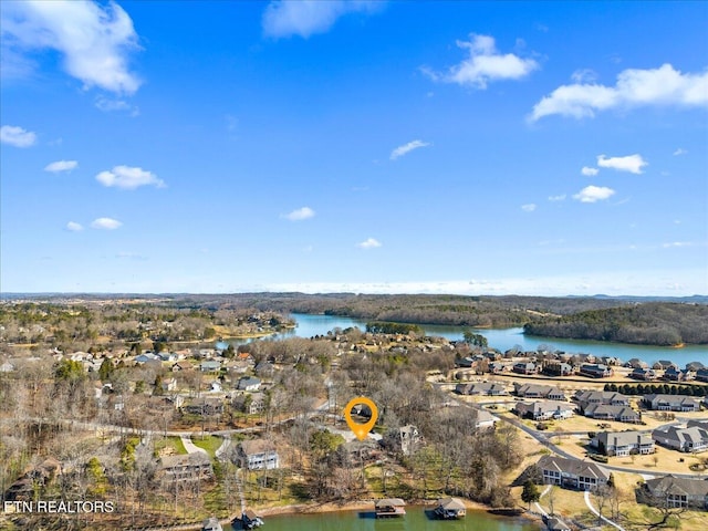 drone / aerial view featuring a water view