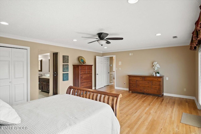 bedroom with light wood finished floors, recessed lighting, baseboards, and ornamental molding