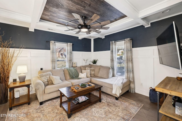 living area with wainscoting, coffered ceiling, and beam ceiling