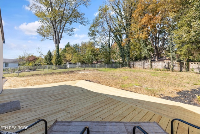 wooden terrace with a fenced backyard