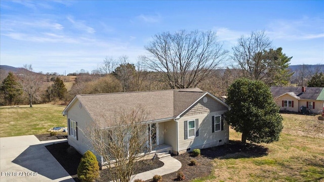 single story home with a front lawn and crawl space