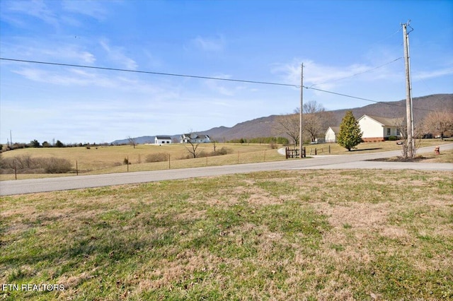 view of yard with a rural view and a mountain view