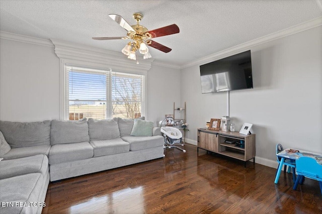 living area featuring a textured ceiling, baseboards, wood finished floors, and crown molding