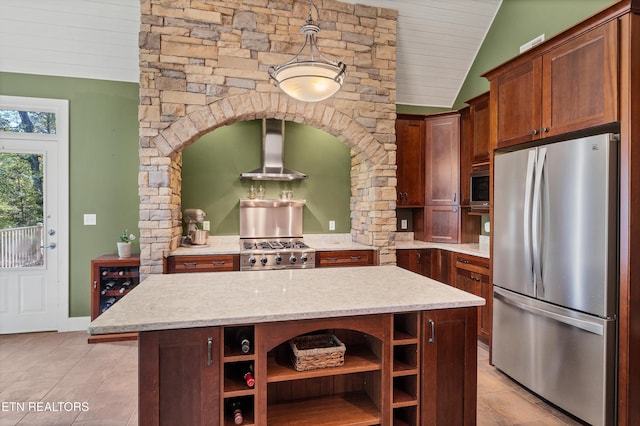 kitchen featuring light tile patterned floors, open shelves, vaulted ceiling, appliances with stainless steel finishes, and wall chimney range hood