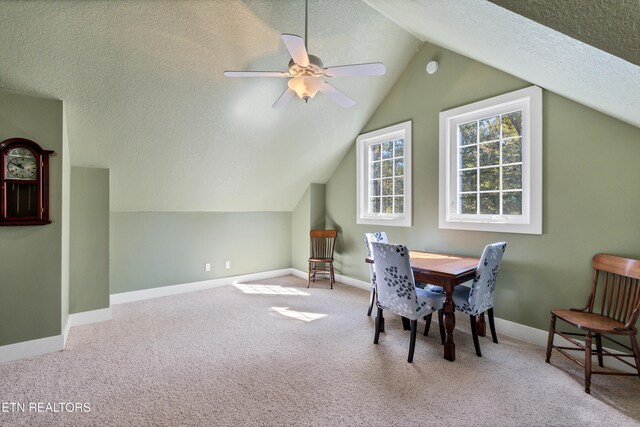 dining room featuring baseboards, carpet floors, a textured ceiling, and ceiling fan