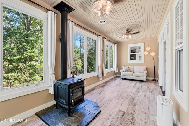 sunroom featuring wooden ceiling, a wood stove, a healthy amount of sunlight, and visible vents