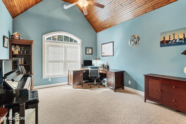 home office with baseboards, high vaulted ceiling, ceiling fan, wood ceiling, and light carpet