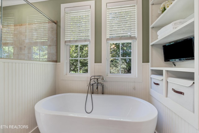 full bathroom with wainscoting and a freestanding tub