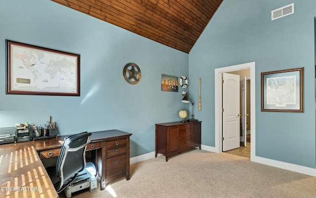 office area featuring visible vents, light carpet, high vaulted ceiling, baseboards, and wood ceiling