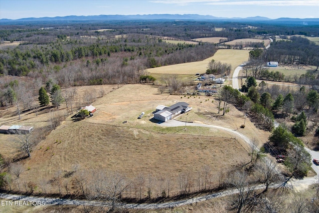 birds eye view of property featuring a mountain view and a rural view