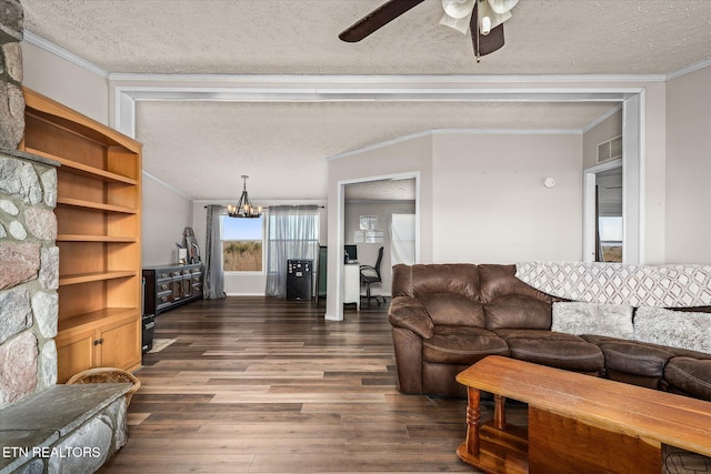 living room with dark wood-style floors, crown molding, visible vents, a textured ceiling, and ceiling fan with notable chandelier