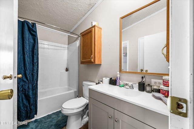 full bath with ornamental molding, a textured ceiling, toilet, and vanity