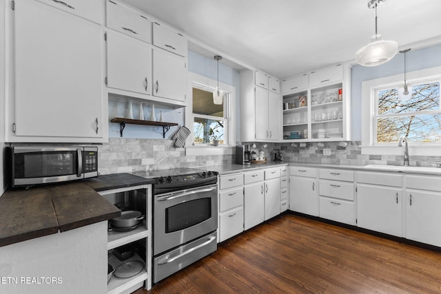 kitchen with stainless steel appliances, decorative backsplash, open shelves, and a sink