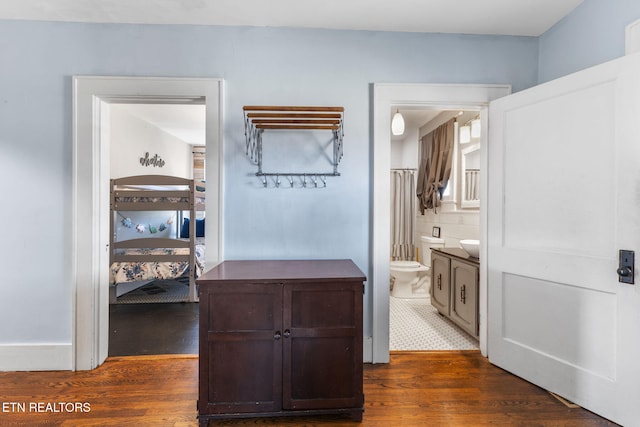 interior space with toilet, wood finished floors, and vanity