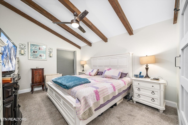 bedroom featuring vaulted ceiling with beams, baseboards, a ceiling fan, and light colored carpet