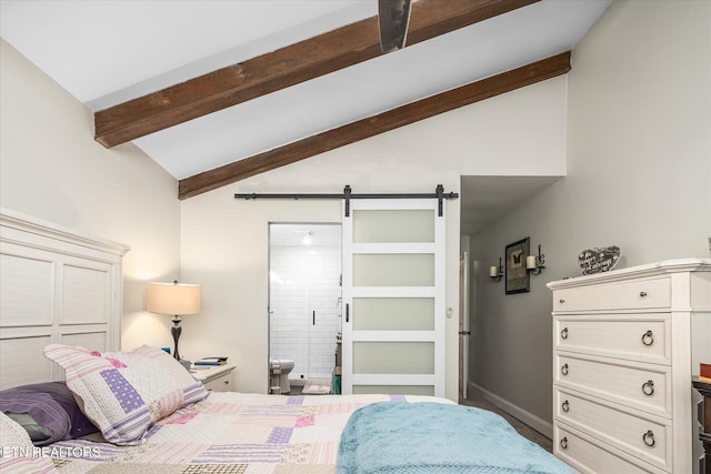 bedroom with vaulted ceiling with beams, a barn door, and baseboards