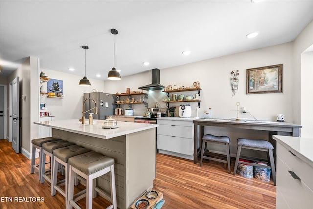 kitchen featuring open shelves, appliances with stainless steel finishes, wood finished floors, and range hood