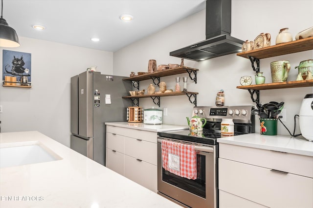 kitchen featuring stainless steel appliances, light countertops, island range hood, and open shelves