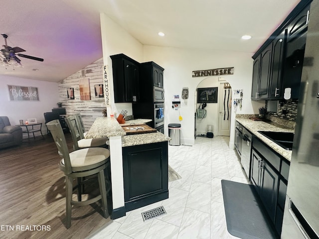 kitchen with arched walkways, lofted ceiling, dark cabinets, a peninsula, and stainless steel appliances