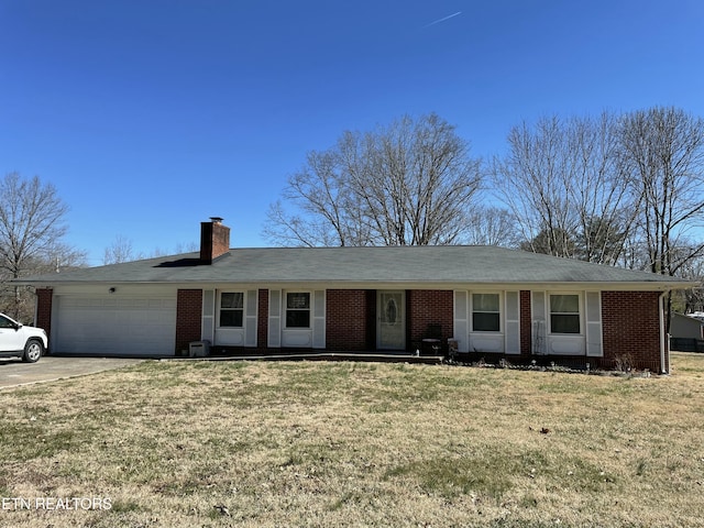 ranch-style house with a garage, brick siding, concrete driveway, a chimney, and a front yard