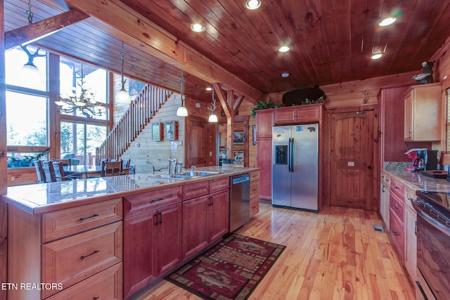 kitchen with wood ceiling, light wood-style flooring, appliances with stainless steel finishes, wood walls, and a sink