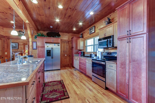 kitchen featuring wooden ceiling, wooden walls, stainless steel appliances, a sink, and light wood-type flooring