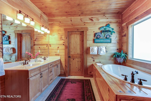 full bathroom featuring wood ceiling, double vanity, a sink, and tile patterned floors