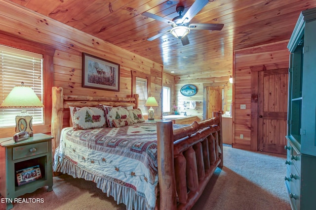 bedroom featuring carpet floors, wooden ceiling, ceiling fan, and wooden walls