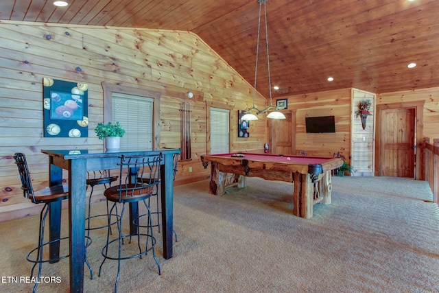 recreation room with wood ceiling, wooden walls, carpet flooring, and recessed lighting