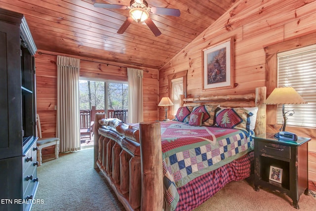 bedroom with lofted ceiling, wooden ceiling, wood walls, access to exterior, and carpet