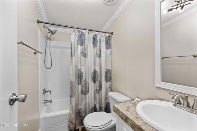 full bath with crown molding, toilet, shower / bath combo with shower curtain, a textured ceiling, and vanity