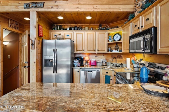 kitchen with wood ceiling, appliances with stainless steel finishes, light stone counters, open shelves, and a sink