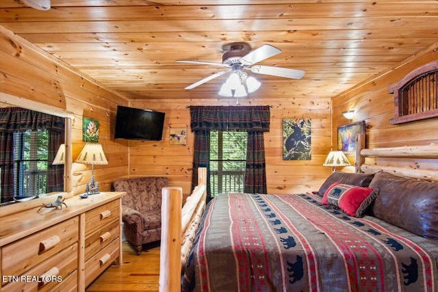 bedroom featuring light wood-type flooring, wooden ceiling, and wood walls