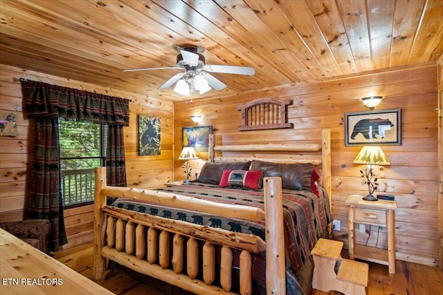 bedroom featuring wood walls, wood finished floors, and wood ceiling