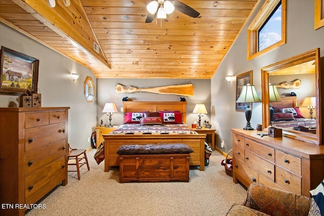 bedroom featuring light carpet, vaulted ceiling, wooden ceiling, and visible vents