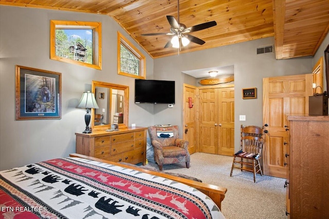 bedroom with high vaulted ceiling, carpet, wooden ceiling, and visible vents