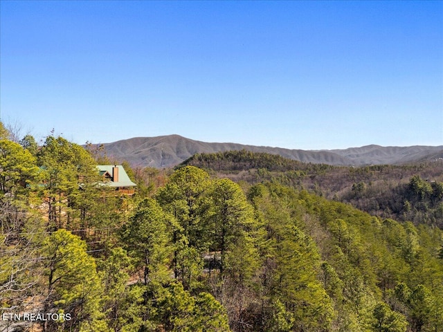 mountain view featuring a wooded view