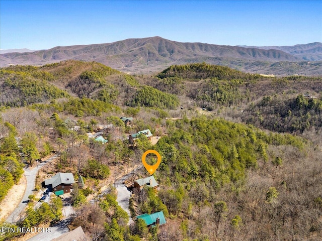 drone / aerial view featuring a mountain view