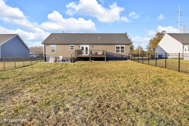 back of property featuring a fenced backyard, a lawn, and a deck